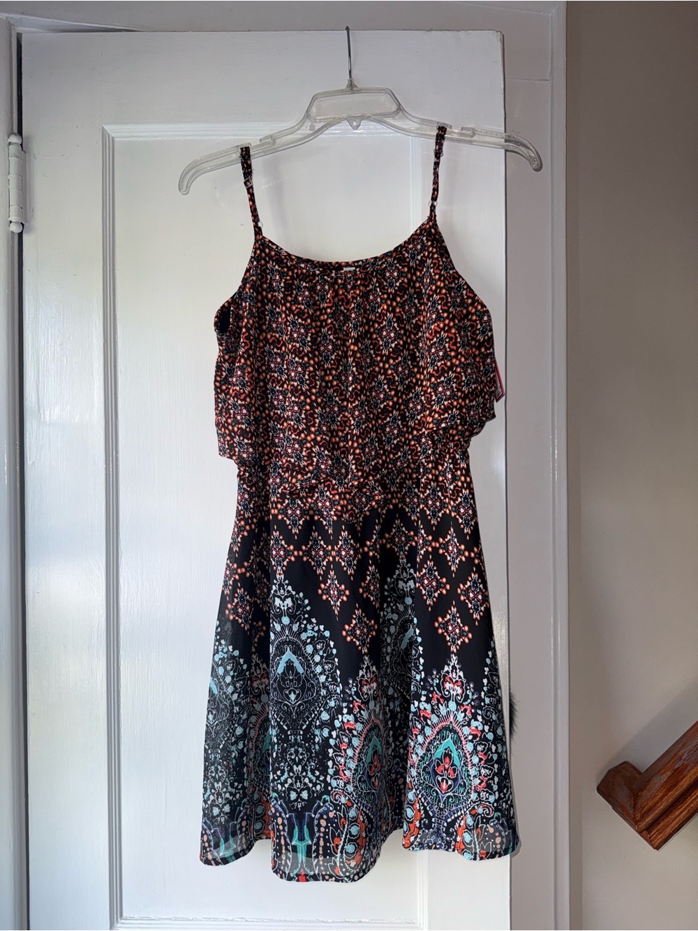 Xhilaration Black Mini Dress with Coral and Teal Paisley Print